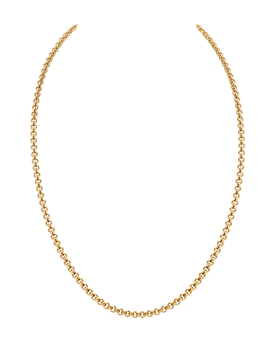 A delicate gold chain necklace with a fine, repeating link pattern, displayed against a solid white background.