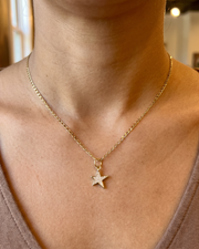A close-up of a person's neck and upper chest wearing a delicate gold chain necklace with a small star-shaped pendant.
