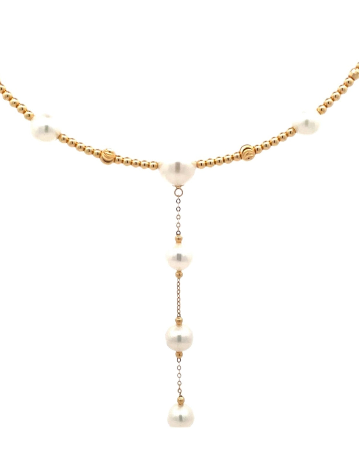 Gold necklace with pearl beads laariet design. On yellow gold beaded bendy comfortable wire,