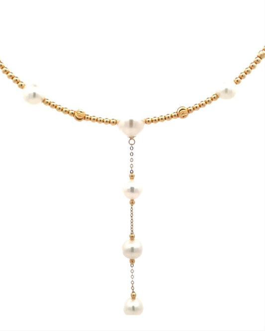 Gold necklace with pearl beads laariet design. On yellow gold beaded bendy comfortable wire,