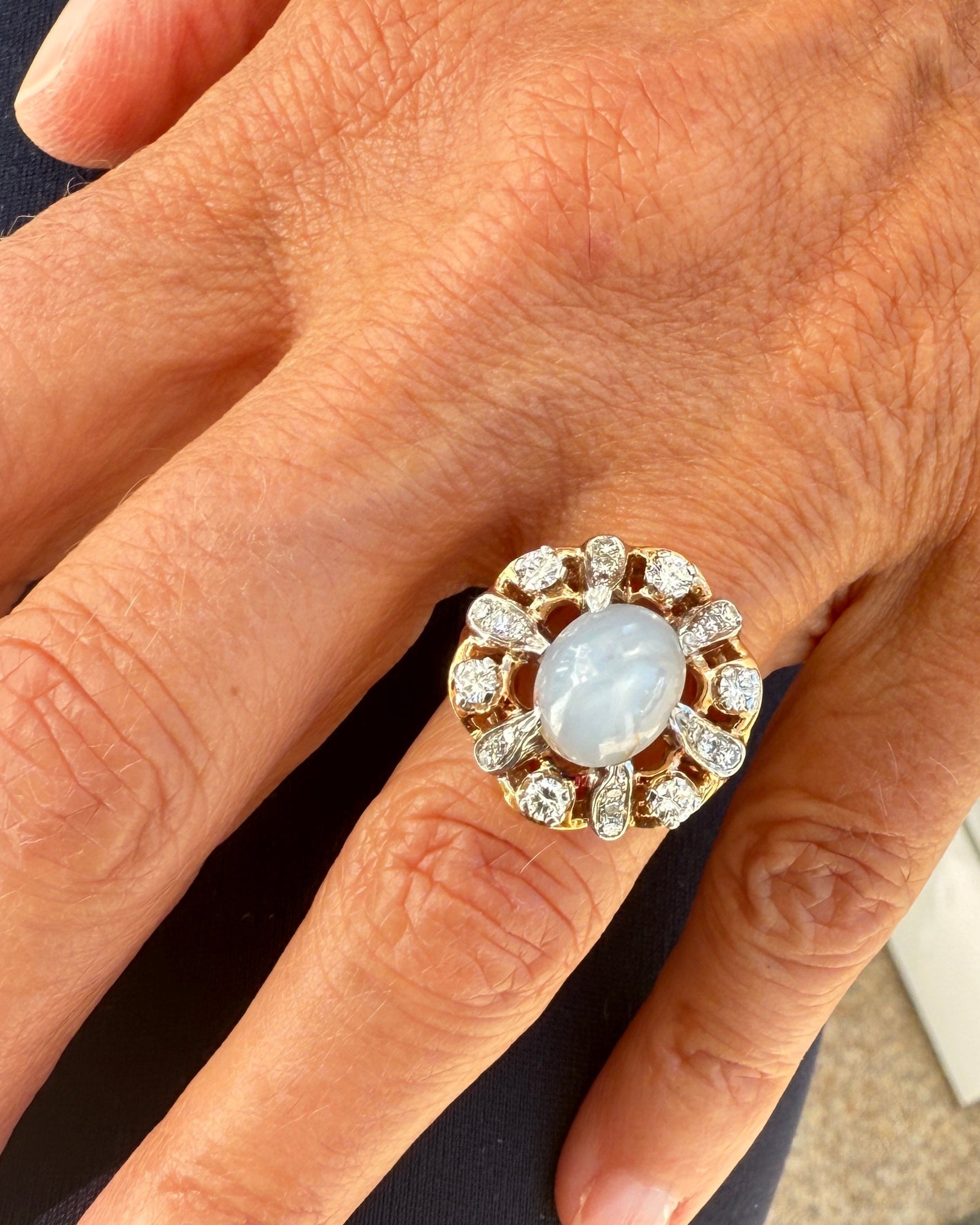 Close-up of a hand wearing a ring with a large central gemstone and diamond accents.