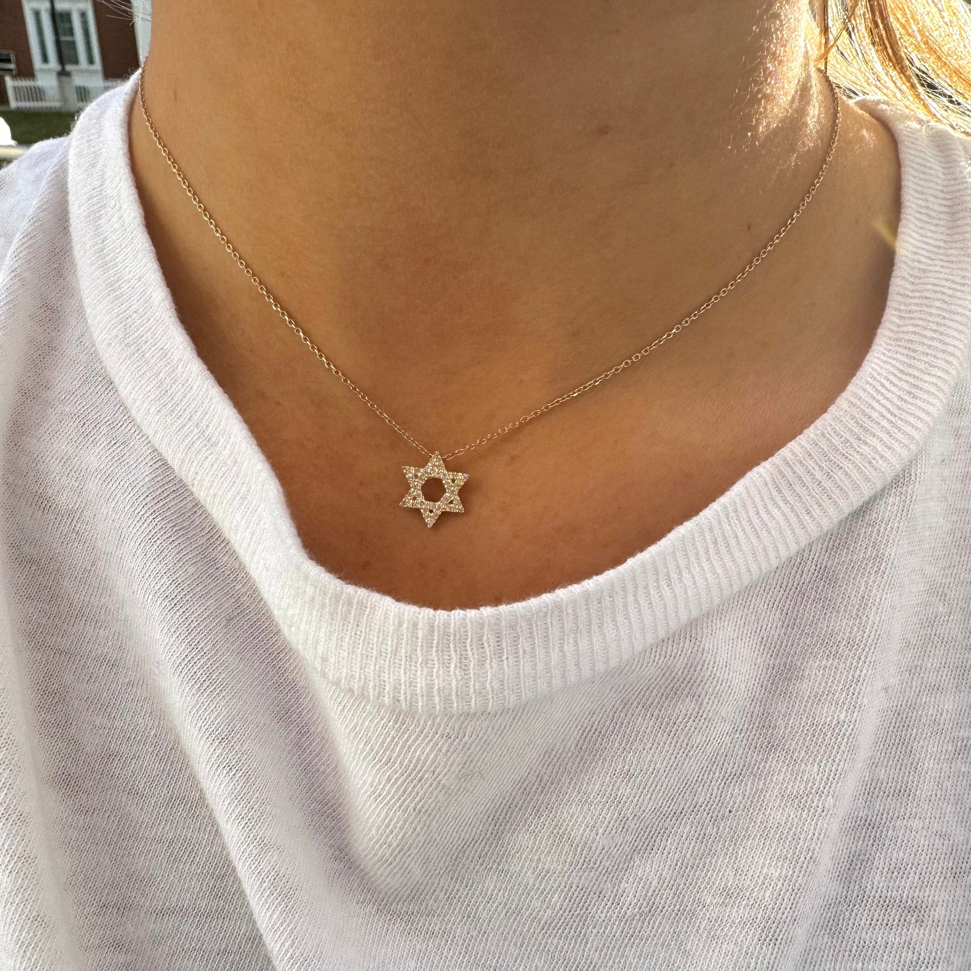 14kt yellow gold diamond star of david charm  on chain necklace @dylanjamesjewelry.com