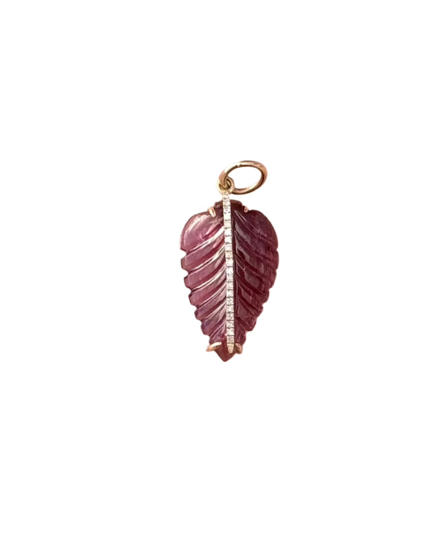 The Dylan James Jewelry LEAF Charm features a pink tourmaline-carved surface with detailed veins and a 14kt yellow gold loop, perfect for adding to your favorite chain.