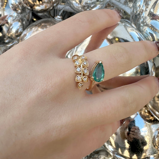 gold diamond emerald wrap ring leaf design  @dylanjamesjewelry.com