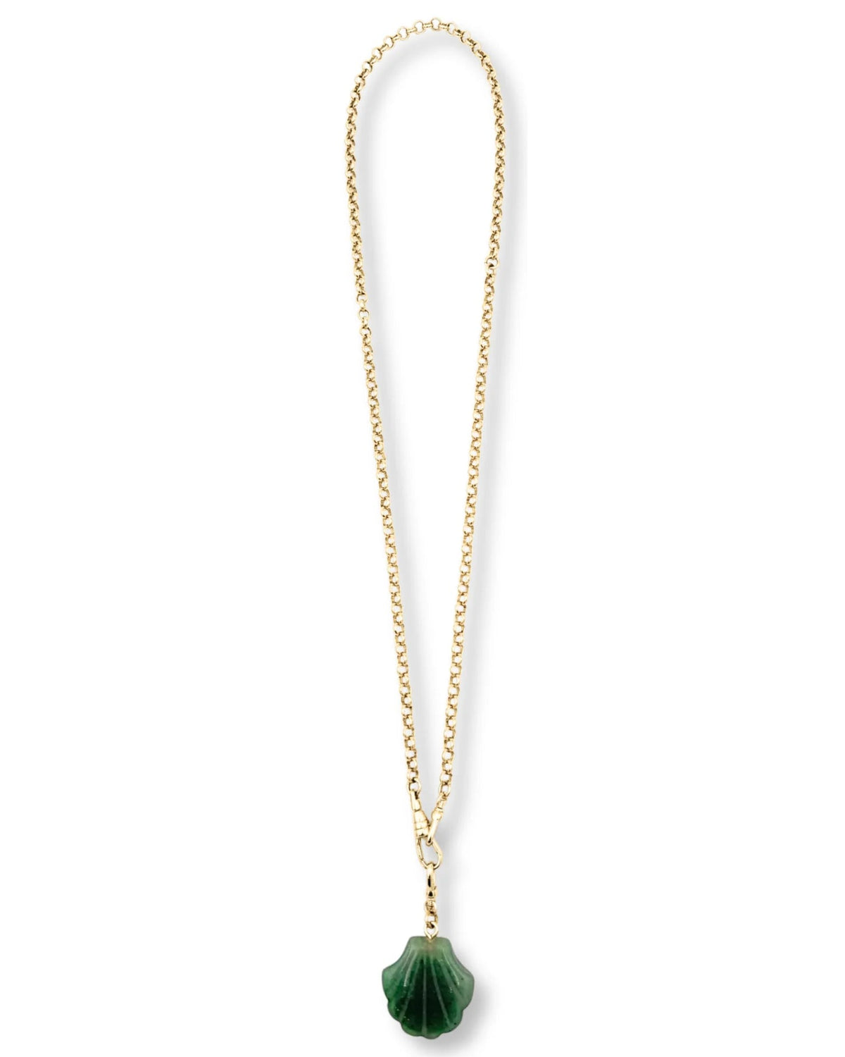 Gold chain necklace with a green pendant on a white background