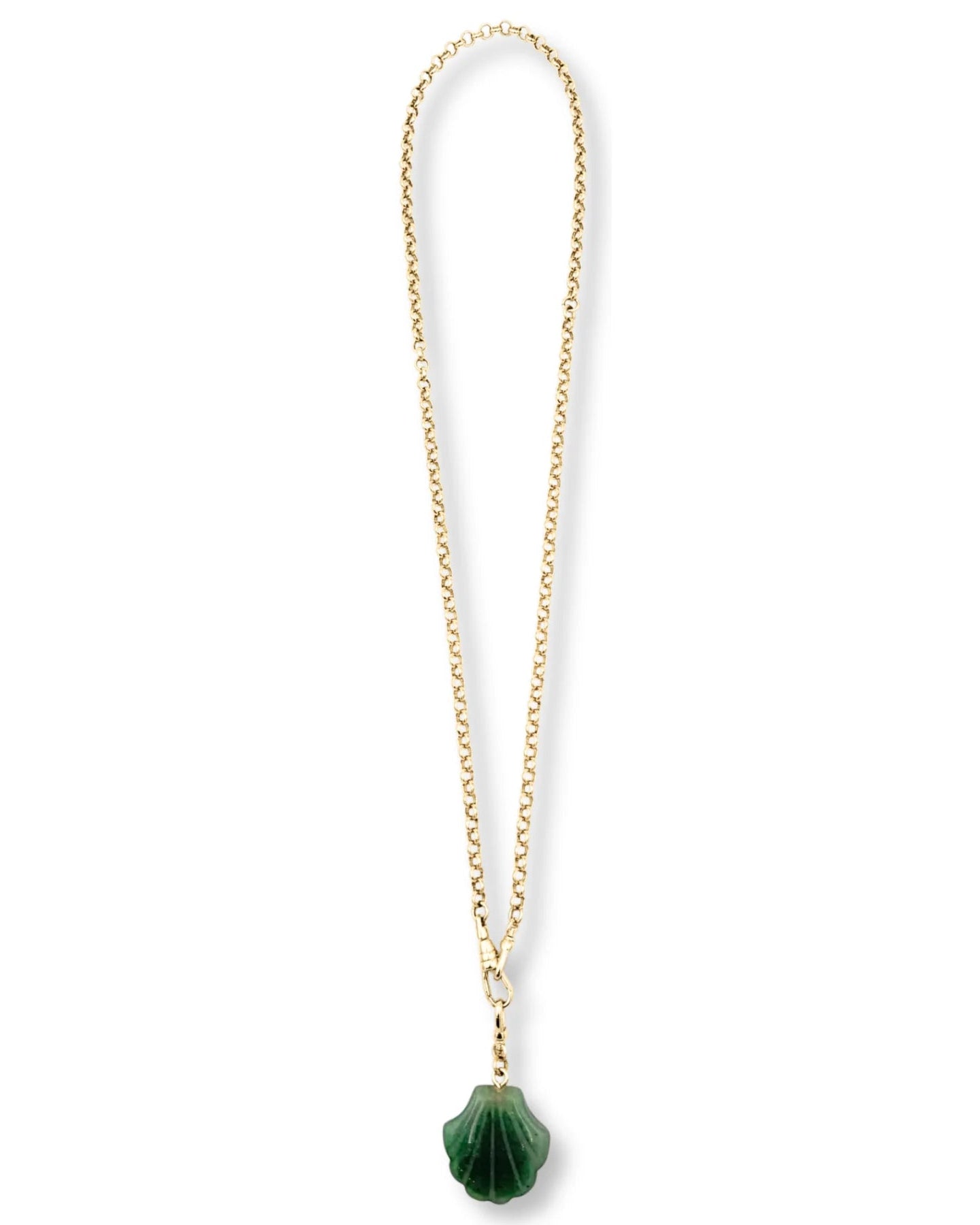 Gold chain necklace with a green pendant on a white background