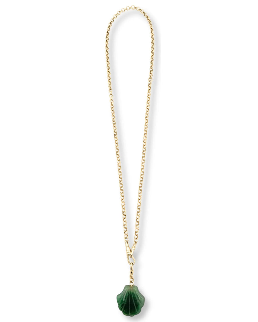 Gold chain necklace with a green pendant on a white background
