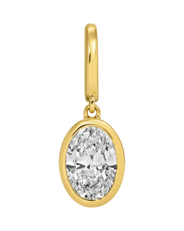 An oval-cut diamond pendant in a yellow gold bezel setting with a matching gold bail, shown on a plain white background.