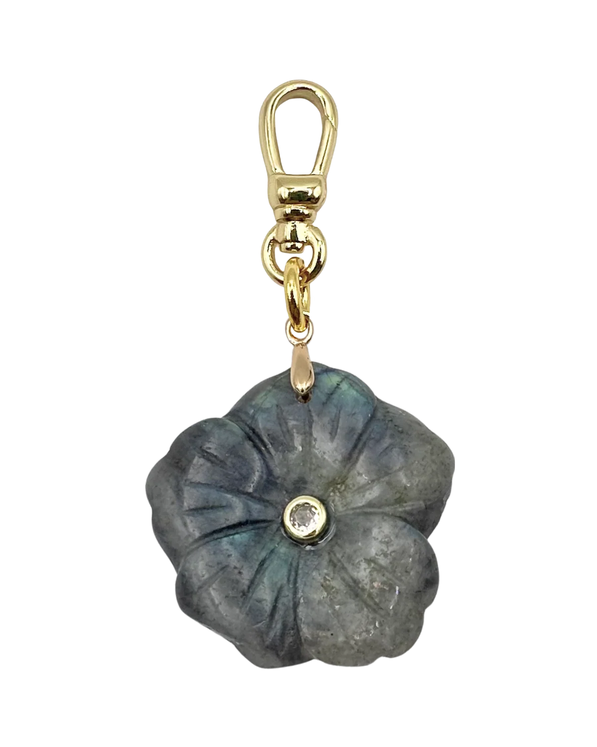 Floral-shaped keychain with gold clasp on a white background