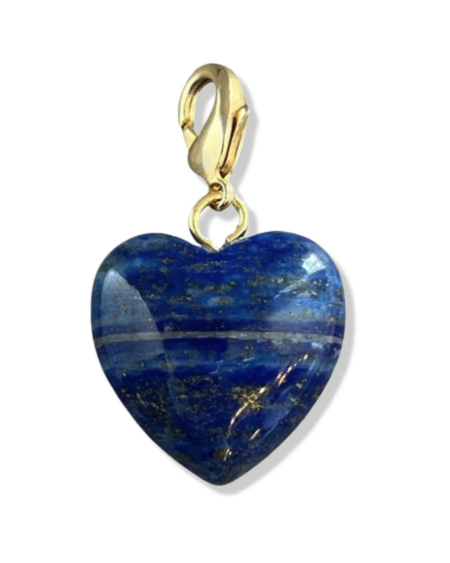 Heart-shaped blue stone pendant with gold clasp on a white background