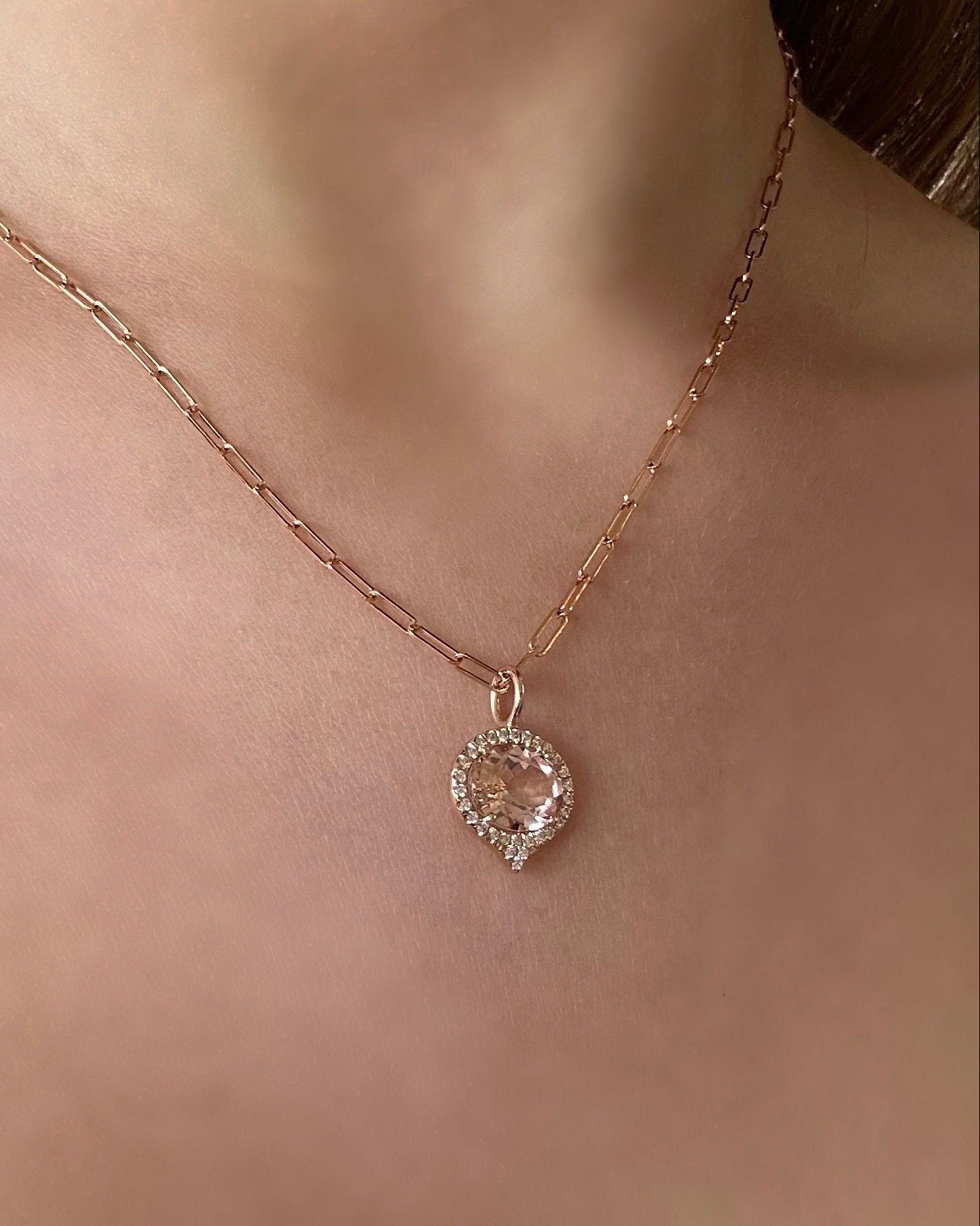 ROSE GOLD OVAL MORGANITE SURROUNDED BUT MICRO PAVE 
CHARM