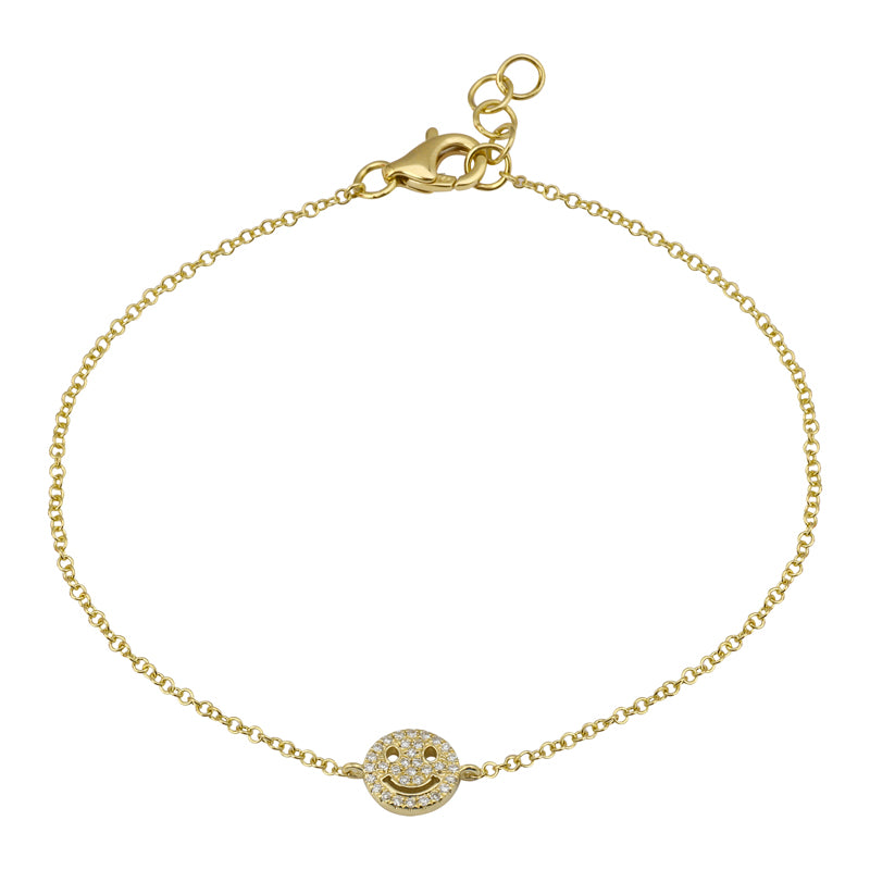 14kt yellow gold diamond smiley face on thin chain bracelet  @dylanjamesjewelry.com