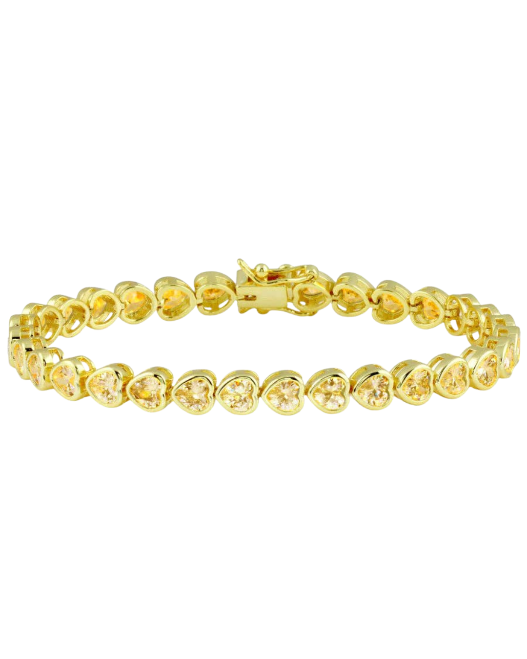 A yellow gold tennis bracelet with heart-shaped clear gemstones, displayed against a solid white background.