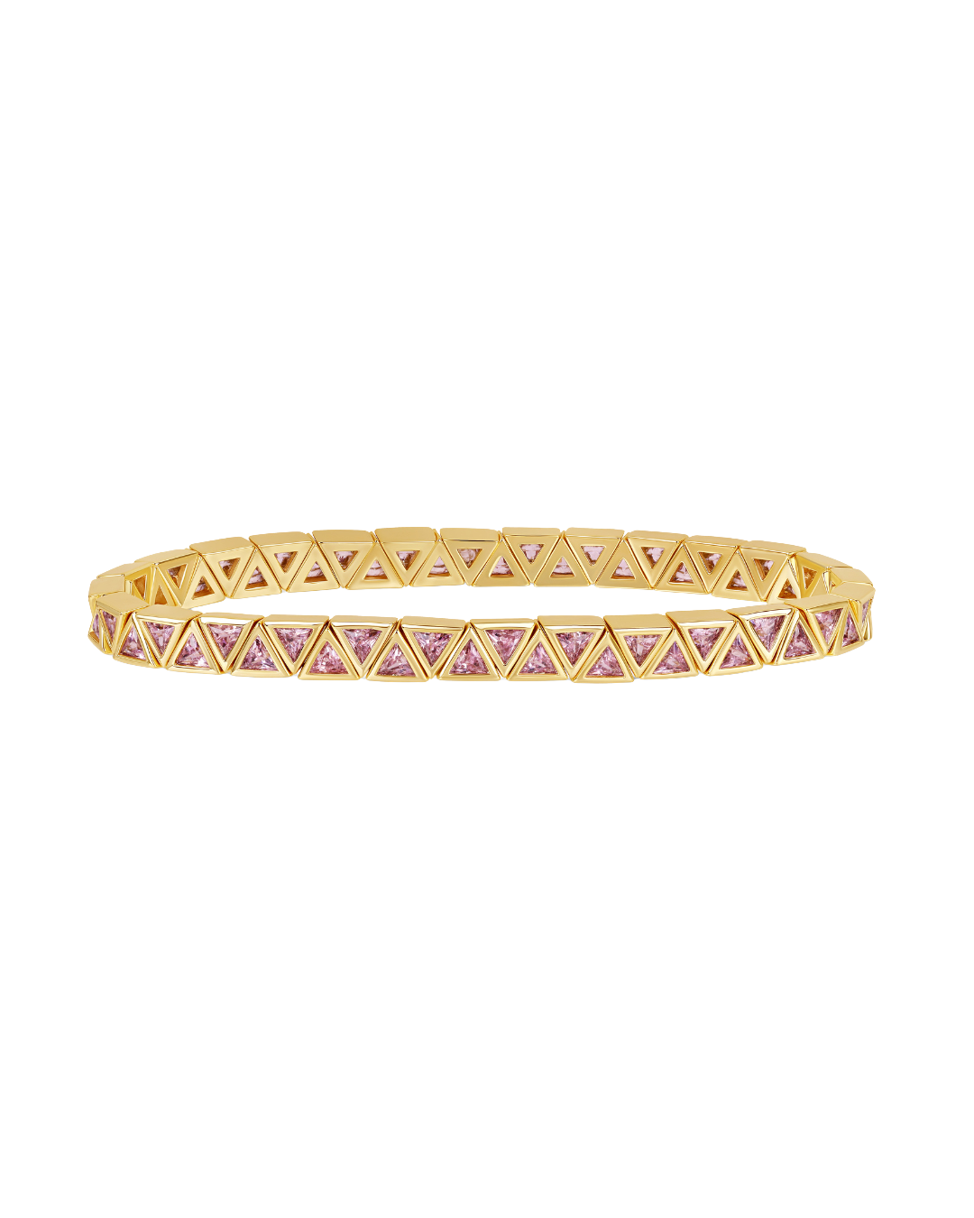 A gold bangle bracelet featuring a continuous row of small pink gemstone triangles set within a geometric triangular border pattern, shown against a plain white background.