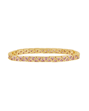 A gold bangle bracelet featuring a continuous row of small pink gemstone triangles set within a geometric triangular border pattern, shown against a plain white background.