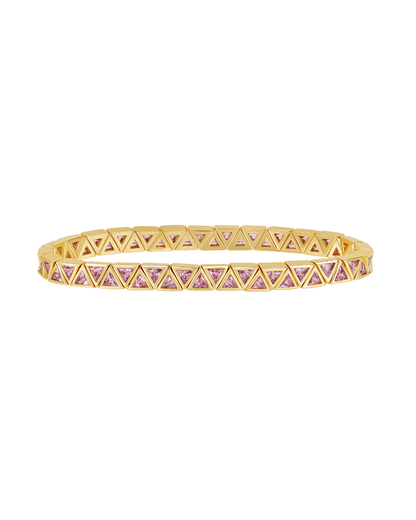 A gold bangle bracelet featuring a continuous row of small pink gemstone triangles set within a geometric triangular border pattern, shown against a plain white background.