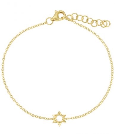 The SARAH Gold Bracelet by Dylan James Jewelry features a delicate 14kt gold chain with a small Star of David charm, complete with an adjustable clasp and extension chain.