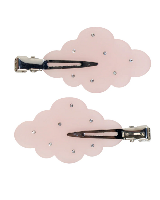 Two cloud-shaped hair clips with rhinestones on a white background