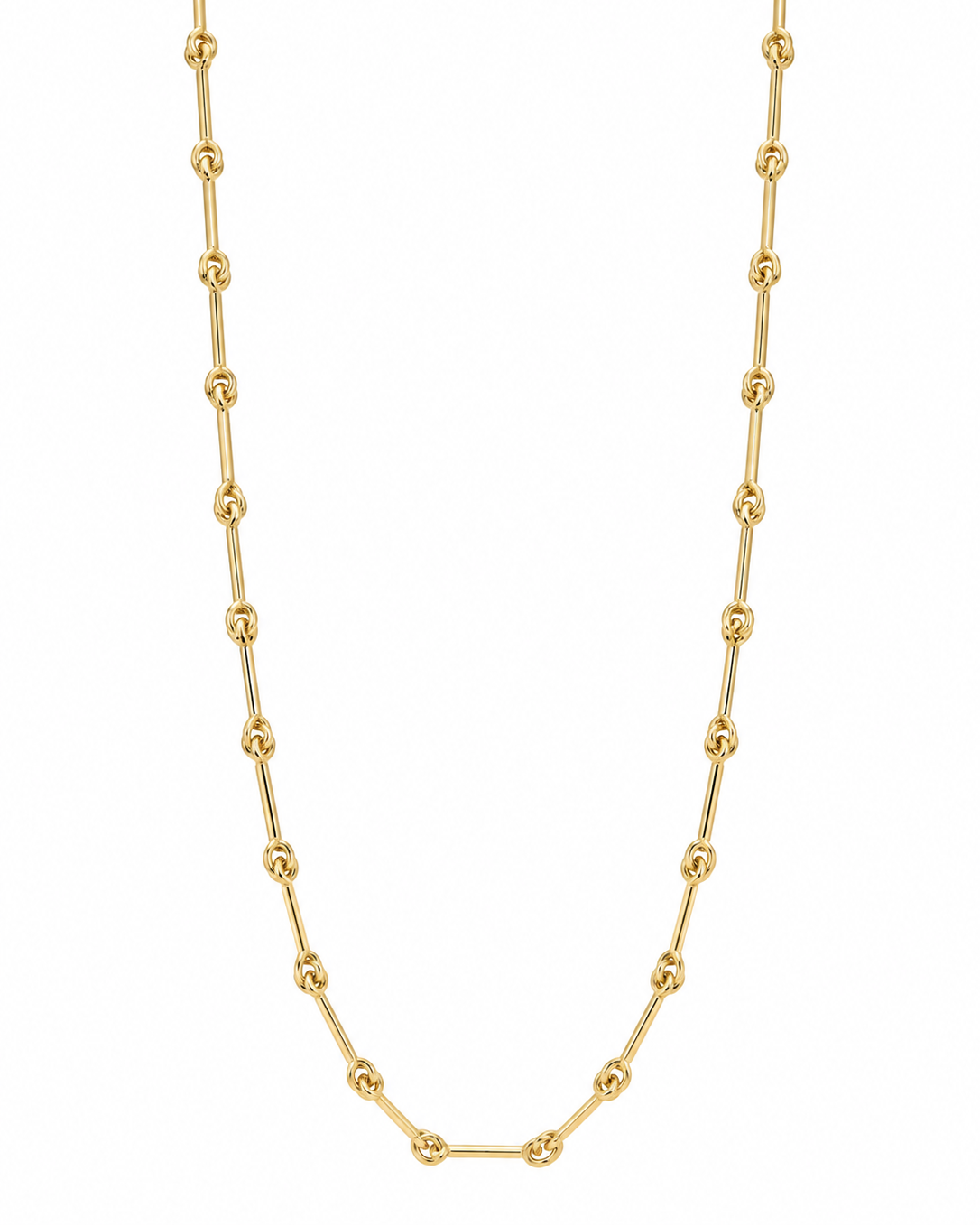A gold ball chain necklace with polished metallic links, displayed in a U-shape against a solid white background.