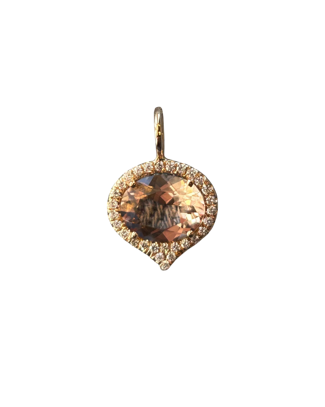 Gold pendant with a brown gemstone on a white background