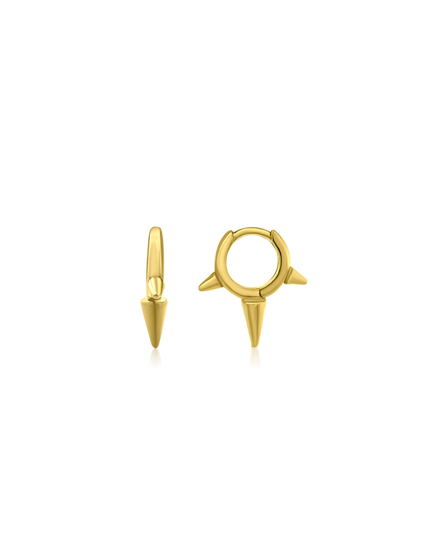 Two HANNAH Gold Earrings by AIRA, each with pointed spike details; one shown from the side, the other from the front on a white background. Ideal everyday gold hoops.