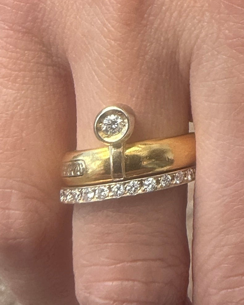 Gold ring with diamond on a finger