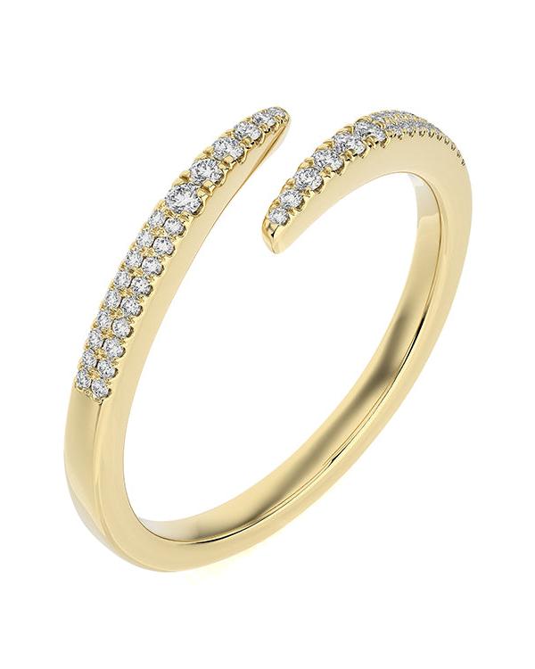 The BYRON Gold Diamond Ring by Dylan James Jewelry is an open-ended 14kt yellow gold ring in size 6.5, featuring two parallel rows of small diamonds on each end for a perfect fit.