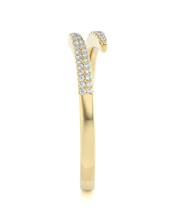 The BYRON Gold Diamond Ring by Dylan James Jewelry is a 14kt yellow gold piece featuring a split band with two rows of small round diamonds, perfectly sized at 6.5.