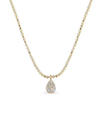 Gold necklace with a teardrop pendant on a white background