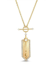Gold necklace with a detailed pendant on a white background