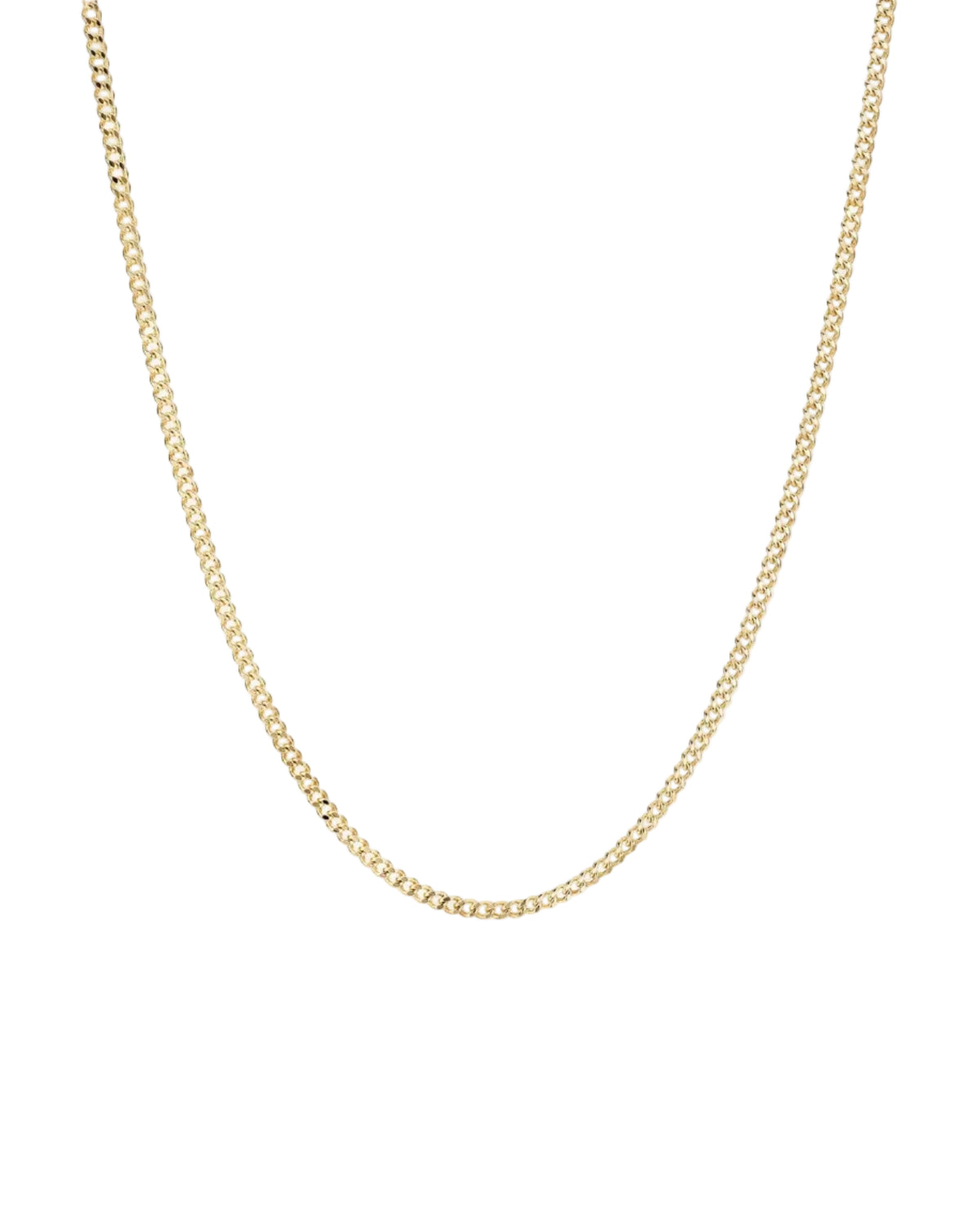A delicate yellow gold chain necklace with a curb link design, displayed against a clean, light off-white background.