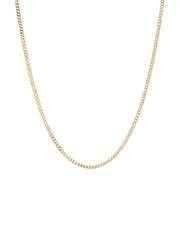 A delicate yellow gold chain necklace with a curb link design, displayed against a clean, light off-white background.