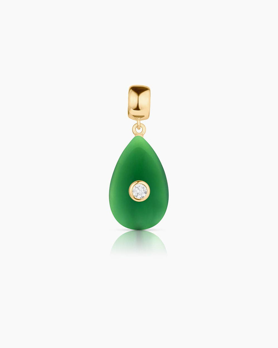 Green teardrop pendant with gold chain and clear gemstone on a white background