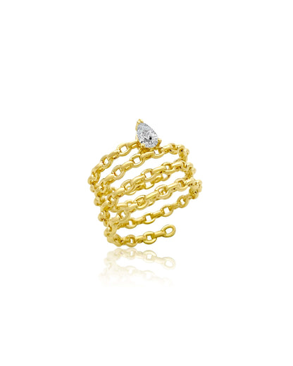 The LEE Gold Diamond Ring by AIRA features a marquise-cut diamond set on a spiral design in 14kt yellow gold chain link, available in size 7.