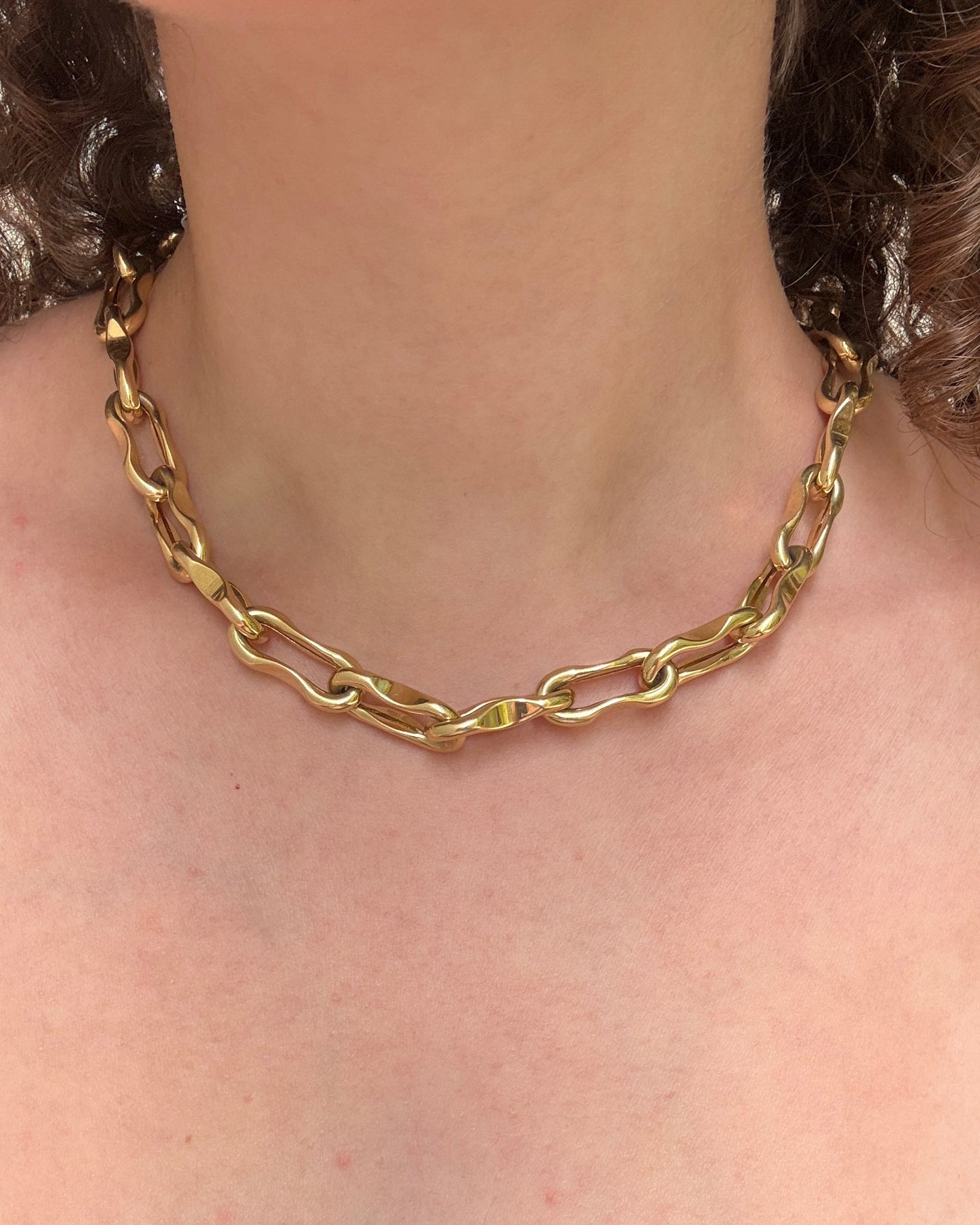 Gold chain necklace on a person's neck with a blurred background