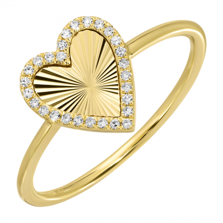 The DEVLYN Diamond Ring by SB is an elegant yellow gold heart-shaped piece, with a textured center framed by shimmering diamonds along the edges.