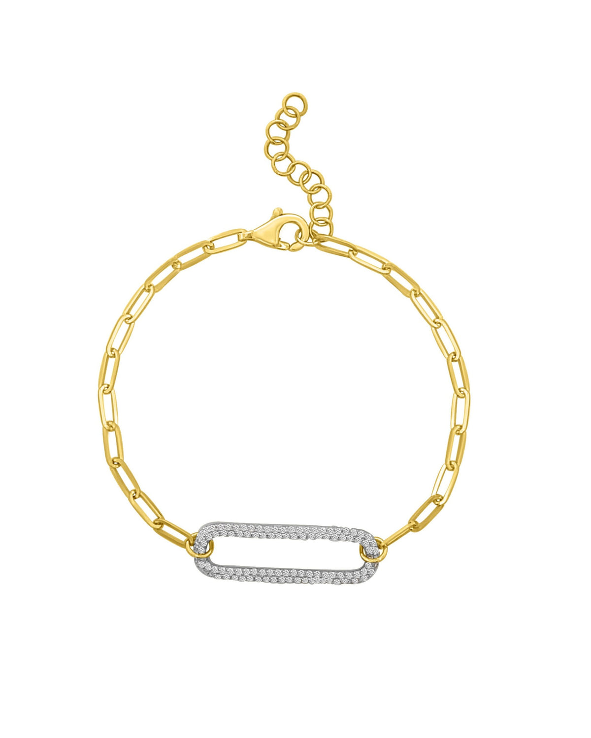 The DIDI Gold Diamond Bracelet by AIRA features a 14kt yellow gold chain, a lobster clasp, and an oval silver-toned diamond bar centerpiece.
