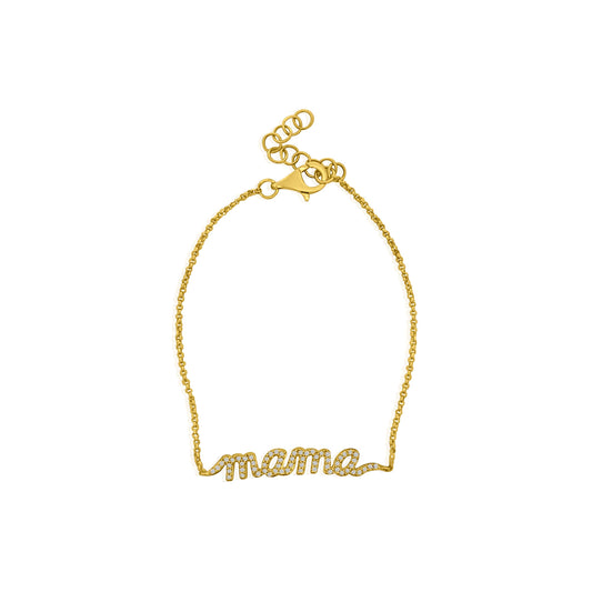 The AIRA MAMA Gold Diamond Bracelet is crafted from 14kt yellow gold, featuring the word "mama" in script, embellished with small diamonds. It includes an adjustable chain clasp with an extender for a perfect fit.