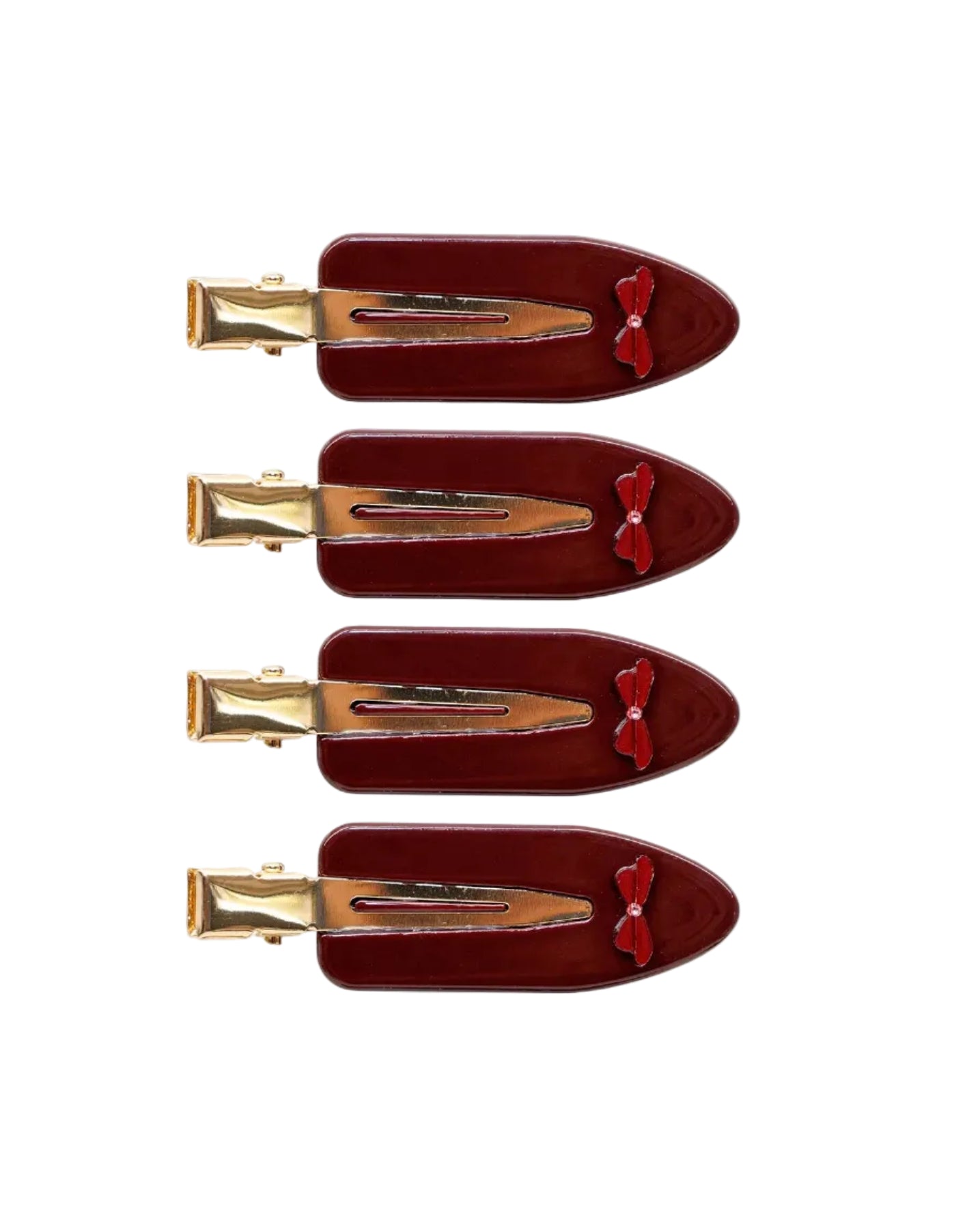 Set of three red hair clips with gold clips on a white background