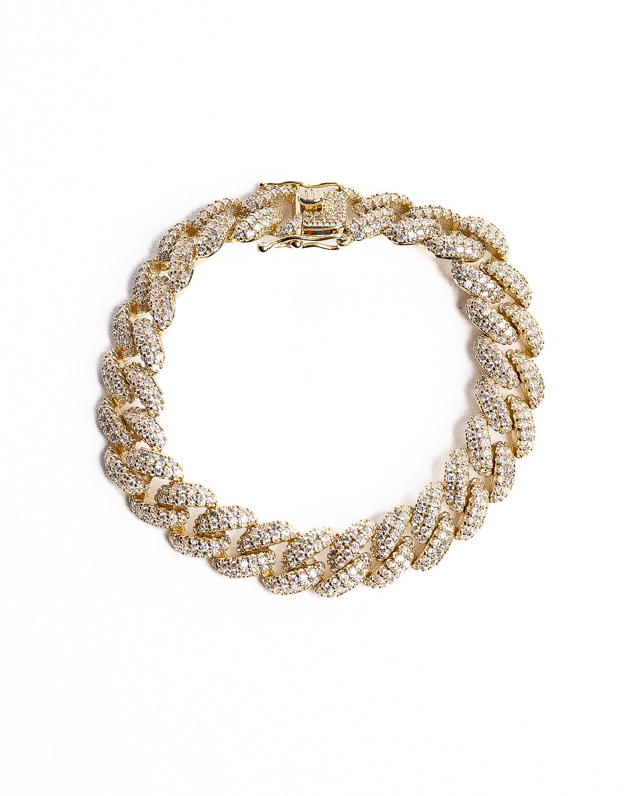 A gold-filled bracelet with cubic zirconia stones, displayed on a white background.