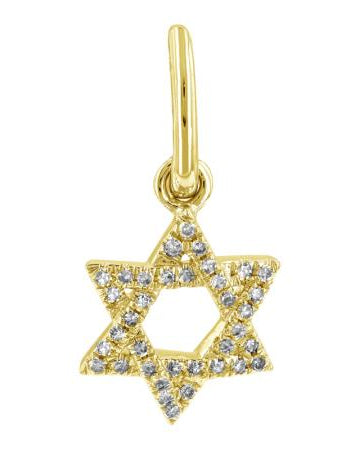 Gold Star of David pendant with clear stones on a white background