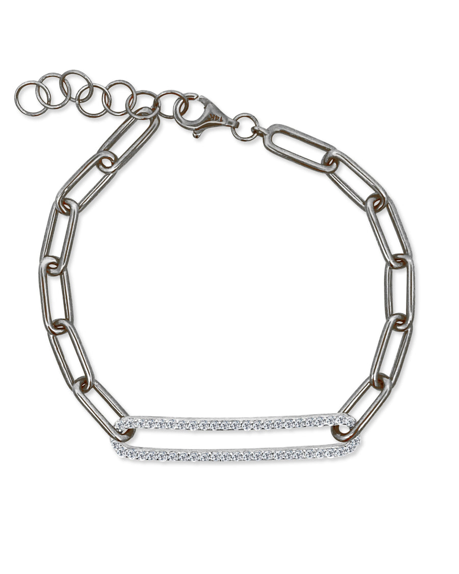 The GIGI Diamond Bracelet by Dylan James Jewelry features a sterling silver chain with an adjustable extender clasp, highlighting a central element encrusted with small, sparkling stones.