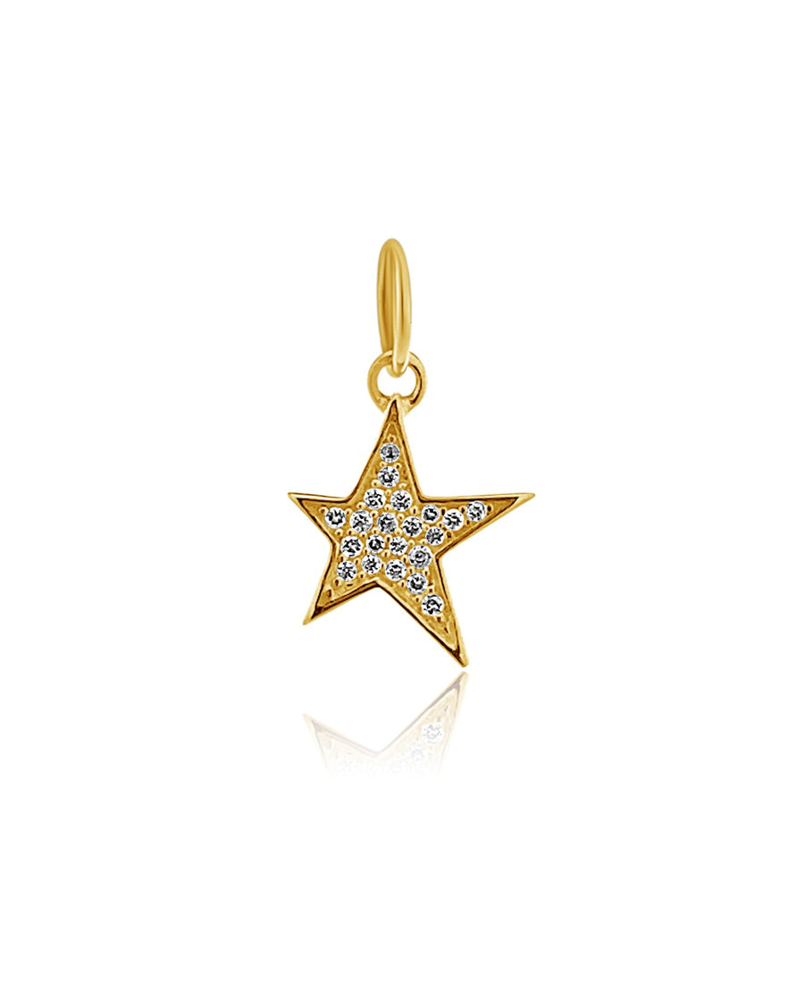 Gold star-shaped pendant with embedded stones on a white background