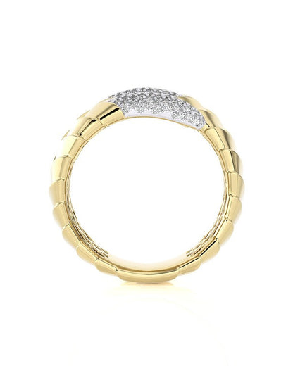 Gold ring with diamond accents on a white background