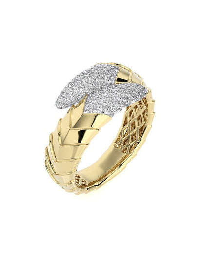 Gold ring with diamond-encrusted design on a white background
