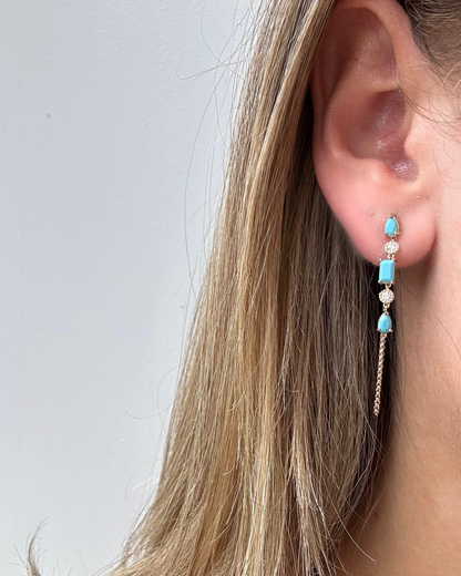 Close-up of an ear wearing a turquoise diamond  earring with a white background
