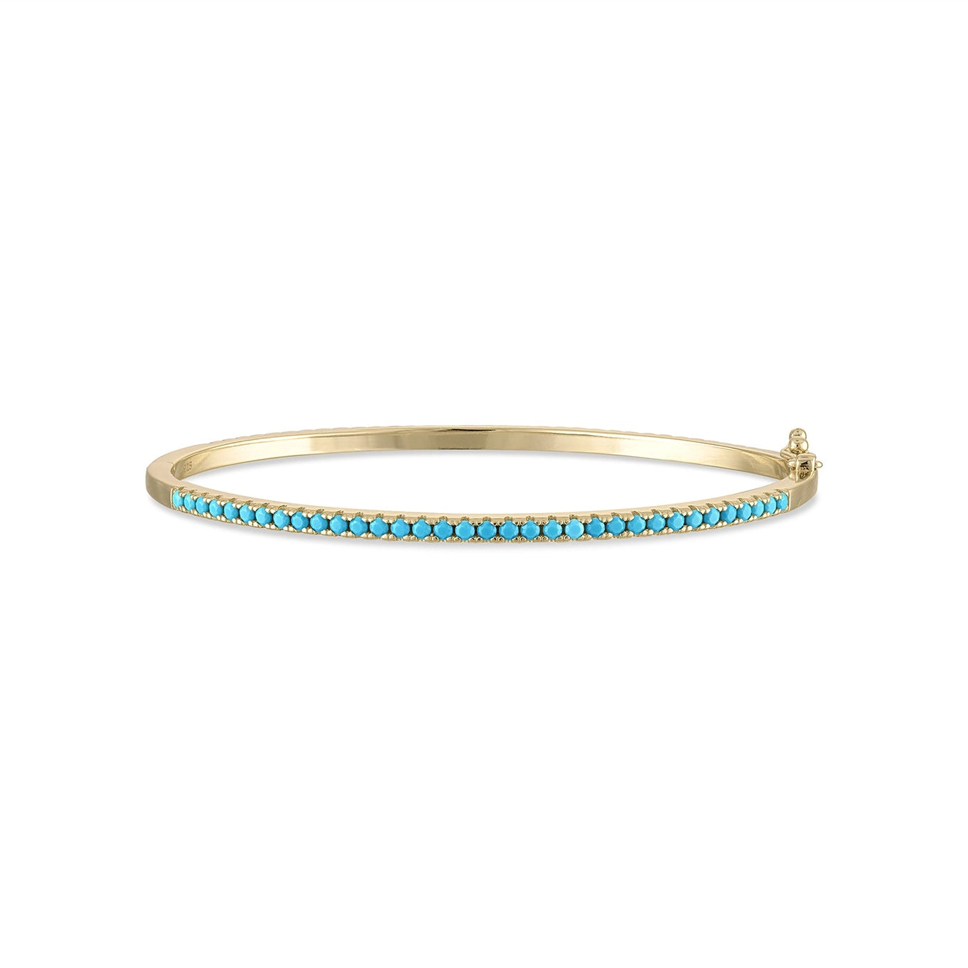 SKN's MARNI Gold Diamond Turquoise Bangle is crafted from yellow gold vermeil and adorned with a row of small turquoise stones along the top, complete with a clasp closure.