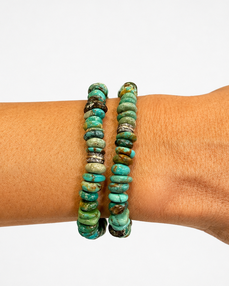 Two beaded stretch bracelets with turquoise and brown natural stone beads worn on a person's wrist against a plain white background.
