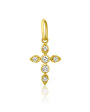The CISSY Gold Diamond Cross by aira features a yellow gold drop pendant with five round diamonds and four teardrop-shaped diamonds.