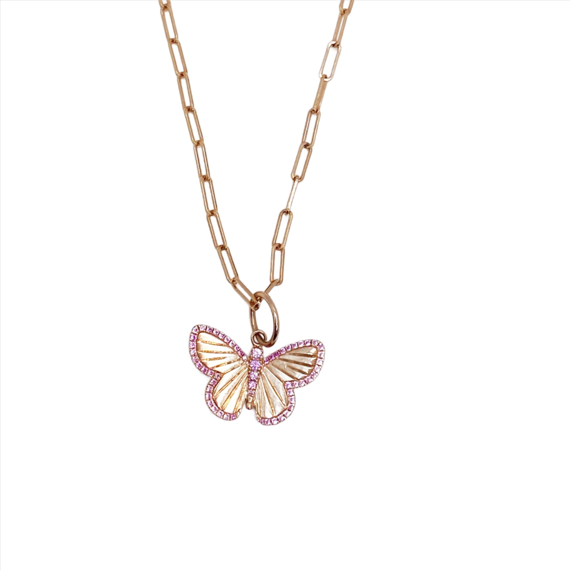 rose gold pink sapphire butterfly on paper clip chain  @dylanjamesjewelry.com